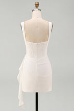 White Ruffled Bodycon Mini Dress — Square Neck