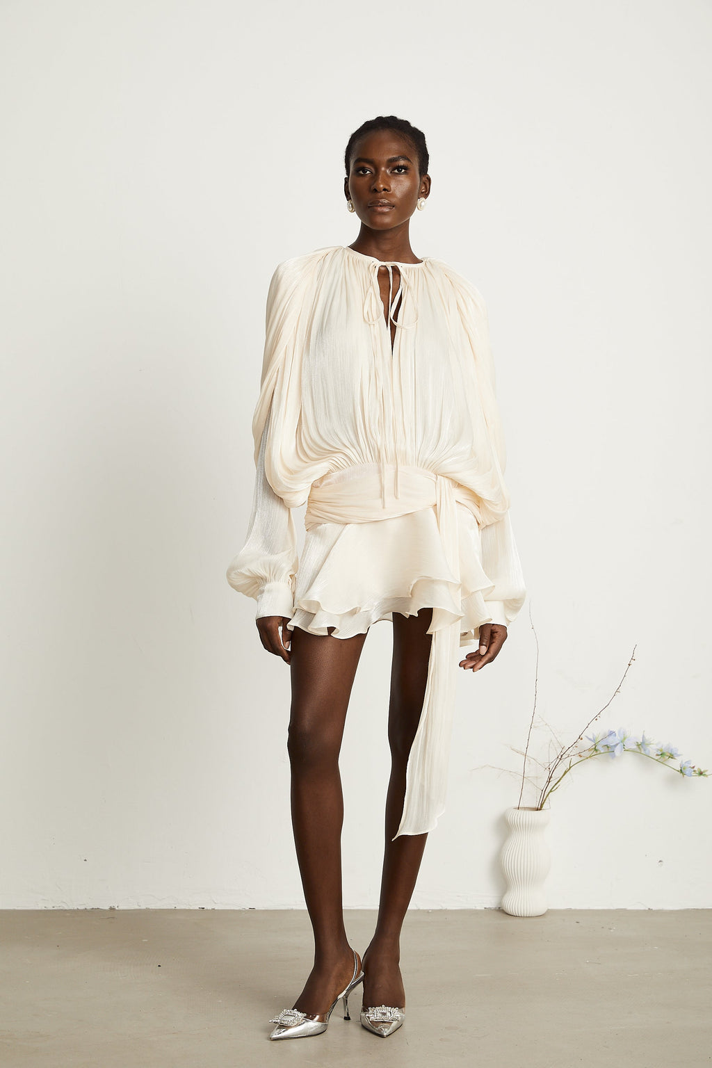 Eugénie – Long Sleeve Mini Dress with Ruffled Hem & Glitter Detail