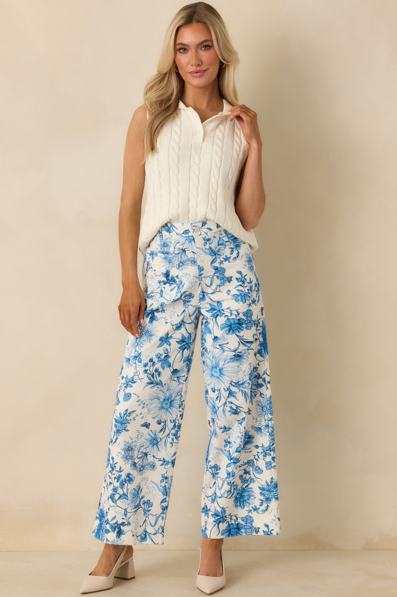 Women's Grow Your Own Way Blue Floral Print Cotton Wide Leg Pants | 95% Cotton & 5% Spandex 4