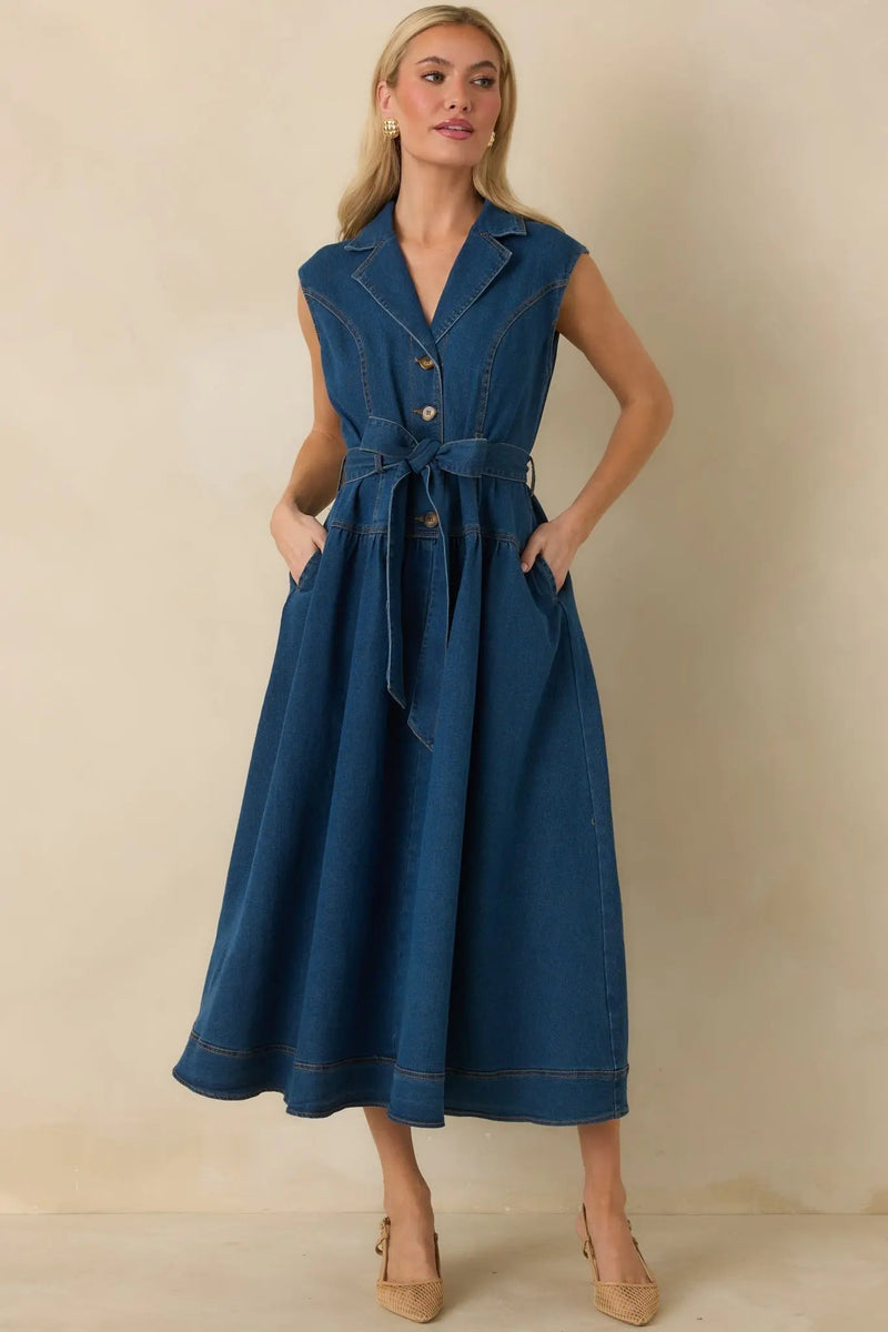 Women's I'm All In Dark Wash Denim Tie-Belt Midi Dress | 50% Cotton 0