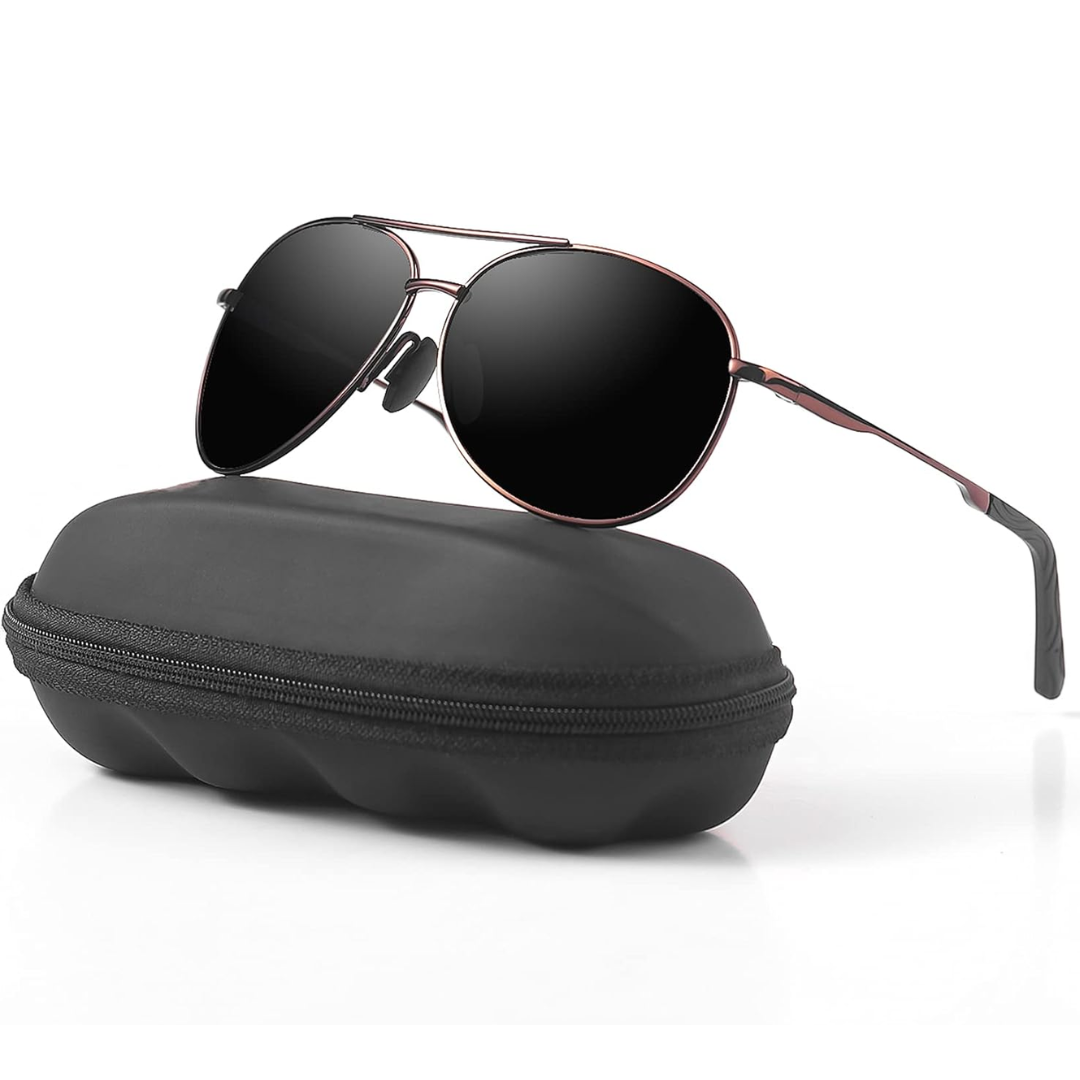 Polarized aviator sunglasses, brown frame with black lens