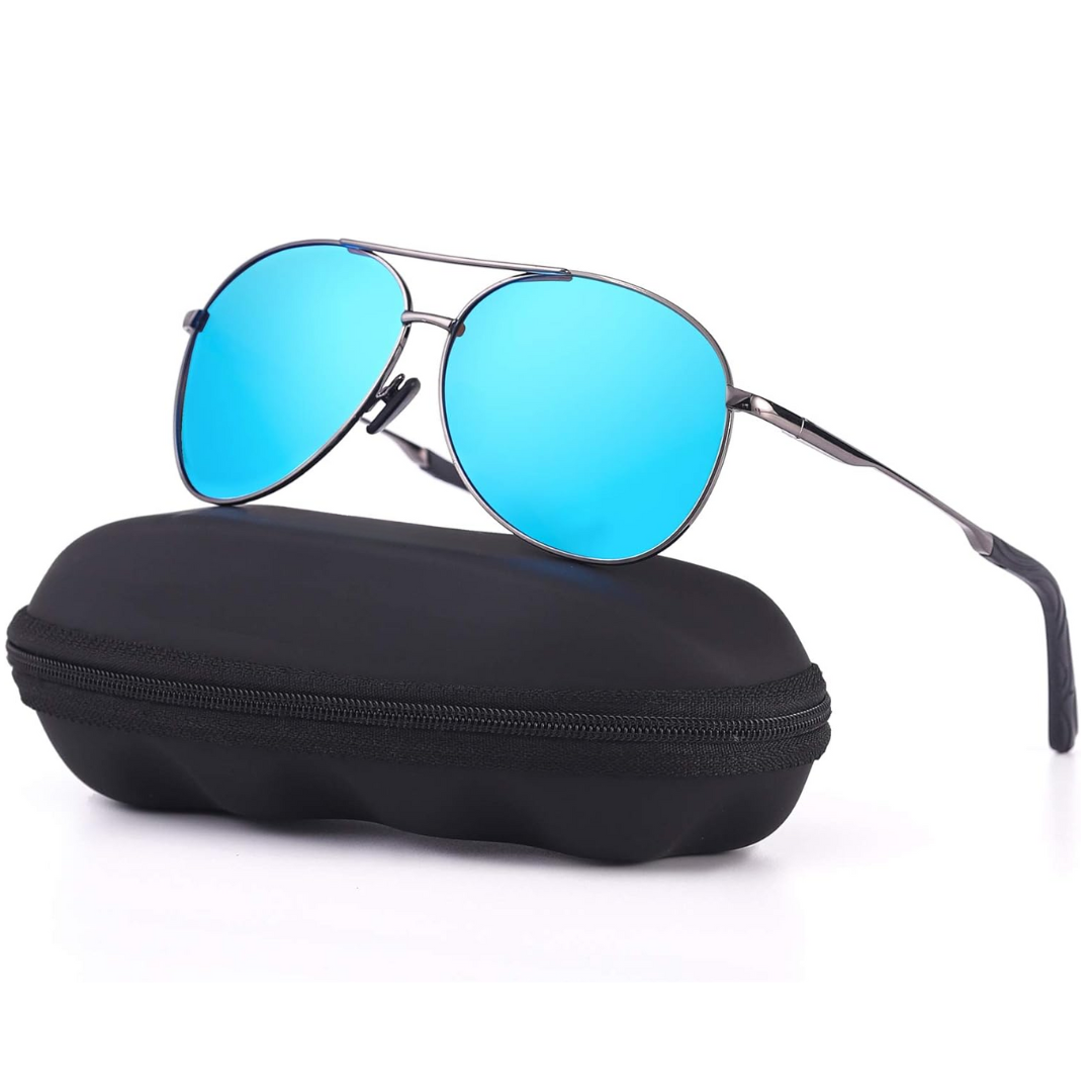 Polarized aviator sunglasses, gray frame with blue lens