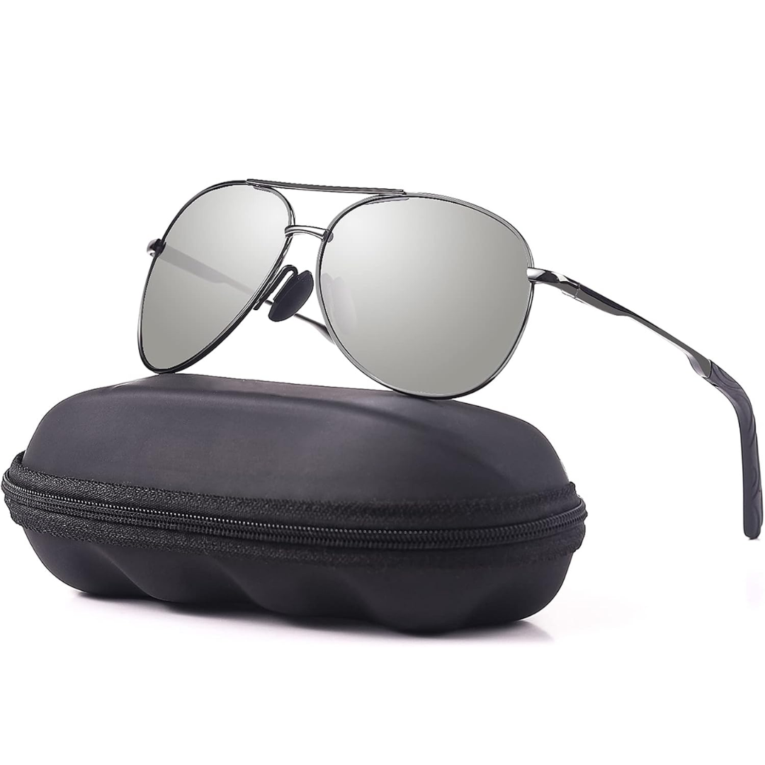 Polarized aviator sunglasses, gray frame with silver lens