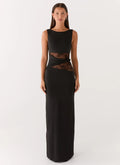 Karma Collection | Black Maxi Dress with Semi-Sheer Lace Waist | Elegant Long Dress for Glamorous Evenings - Women's 0