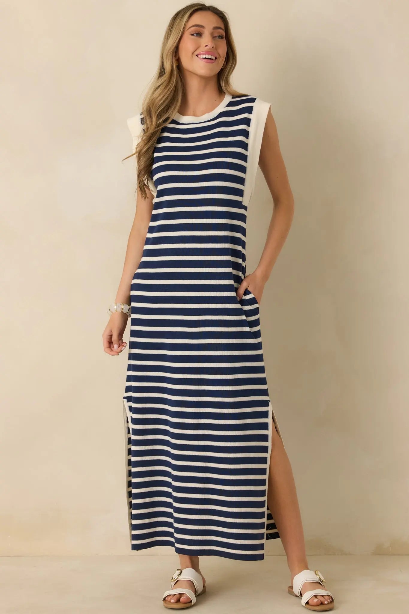 Women's Keep It Straight Navy Stripe Stretch Knit Maxi Dress | 100% Polyester 3