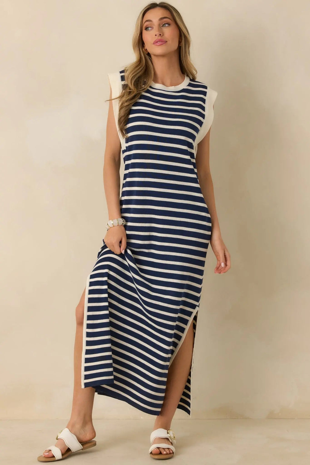 Women's Keep It Straight Navy Stripe Stretch Knit Maxi Dress | 100% Polyester 4