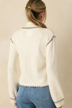 Women's Knot Your Average Ivory Multi Knit Contrast Stitch Cardigan Sweater | 72% Polyester & 28% Nylon 7