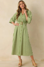 Women's Lighthearted Days Green Stripe Belted Button Front Maxi Shirt Dress | 40% Linen 0