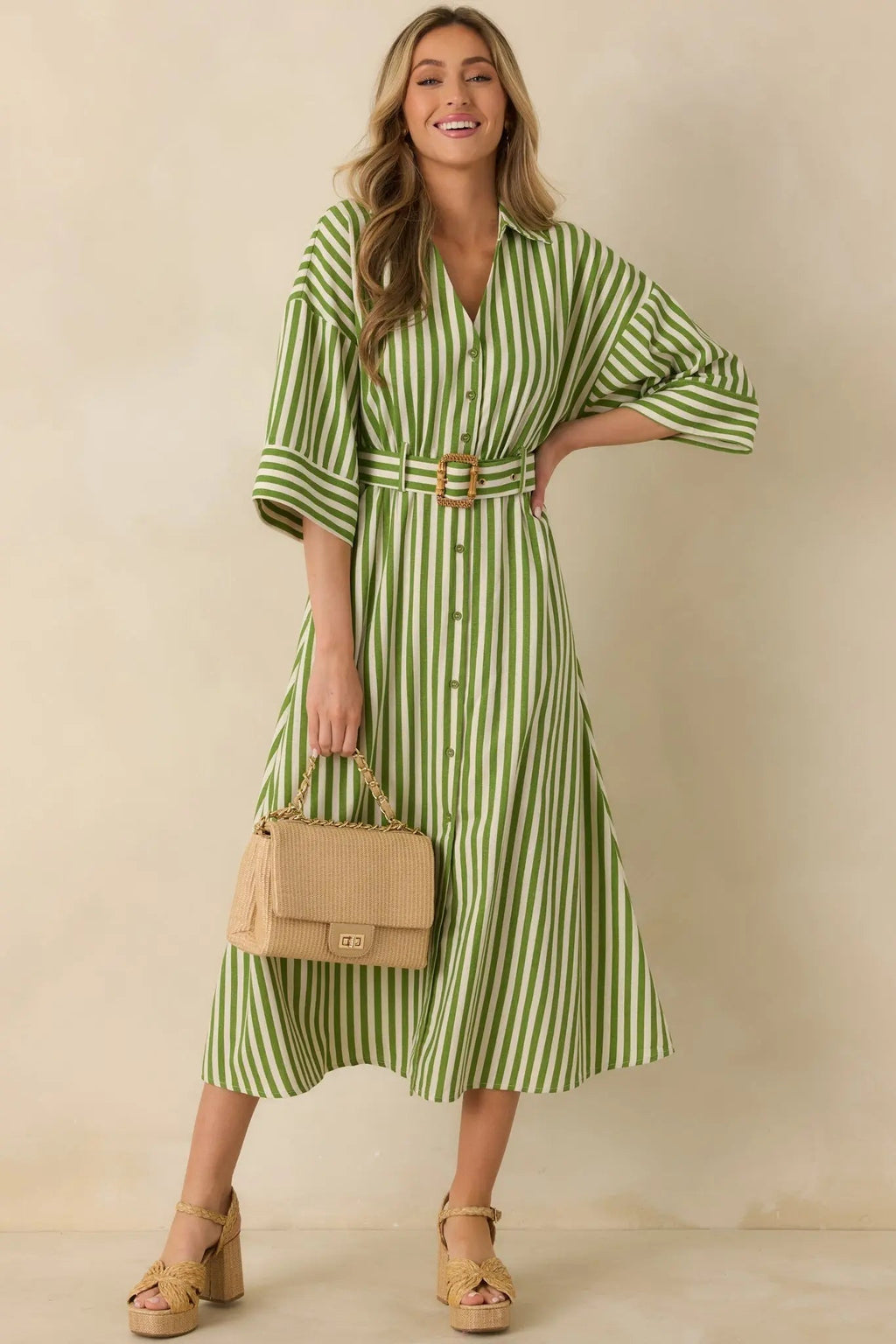 Women's Lighthearted Days Green Stripe Belted Button Front Maxi Shirt Dress | 40% Linen 2