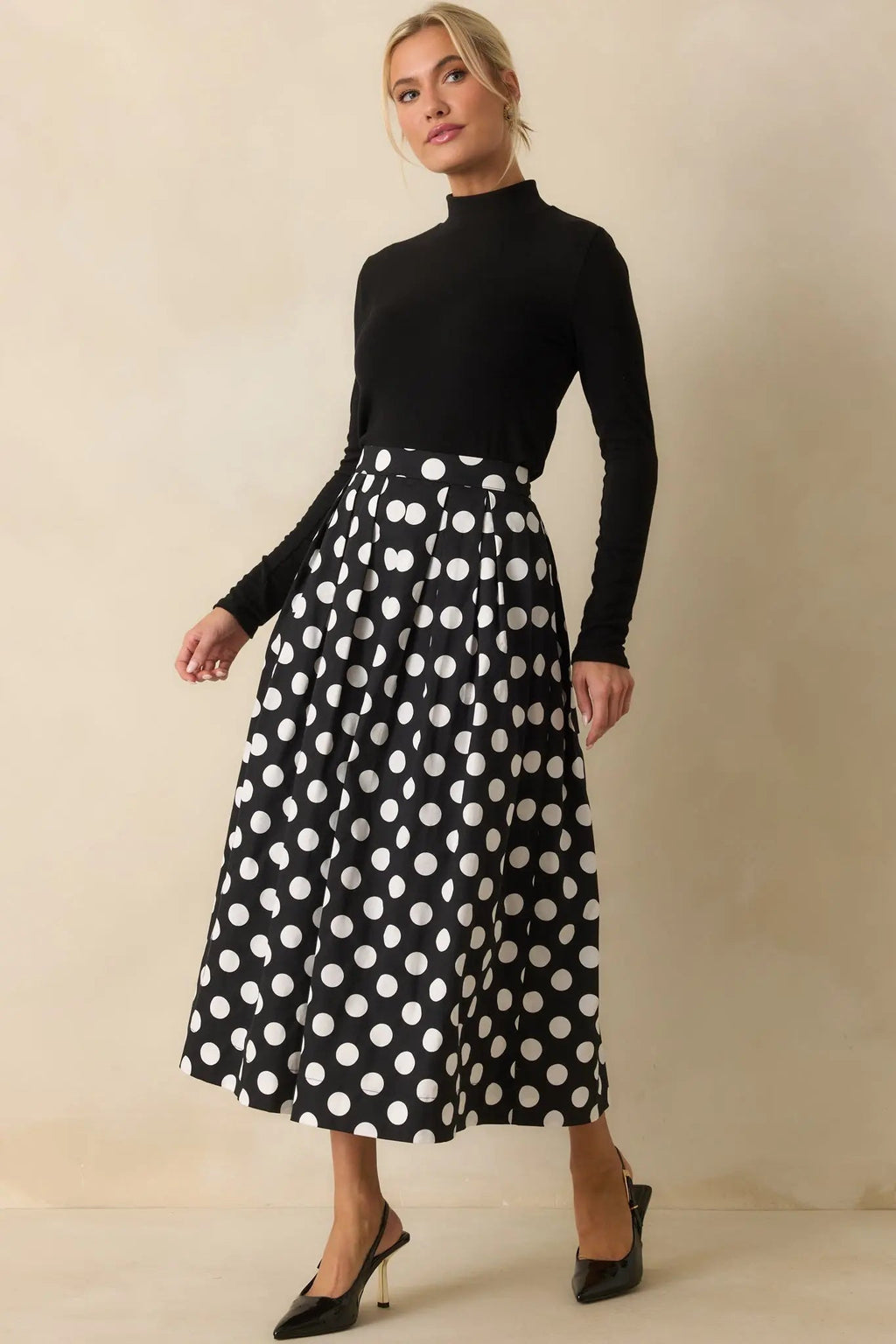 Women's Lovely Little Thing Black Polka Dot Cotton Pleated Maxi Skirt | 95% cotton & 5% Spandex 3