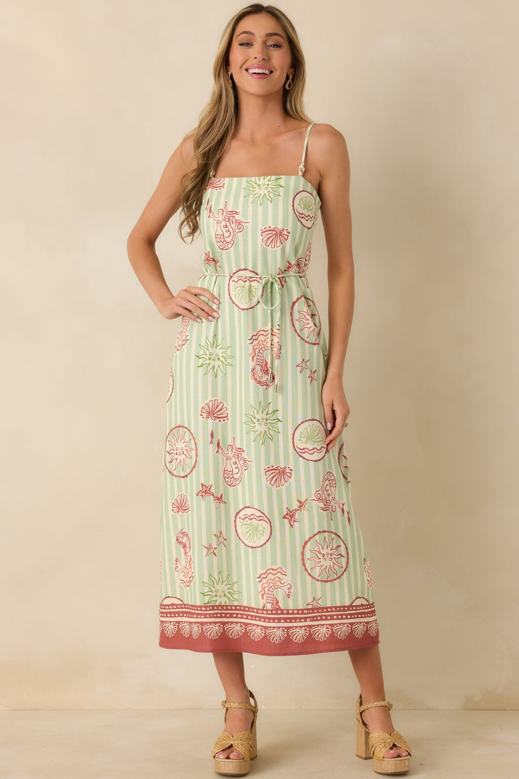 Women's MINKPINK Soleil Green Stripe Linen Blend Tie-Waist Midi Dress | 85% Viscose & 15% Linen 0