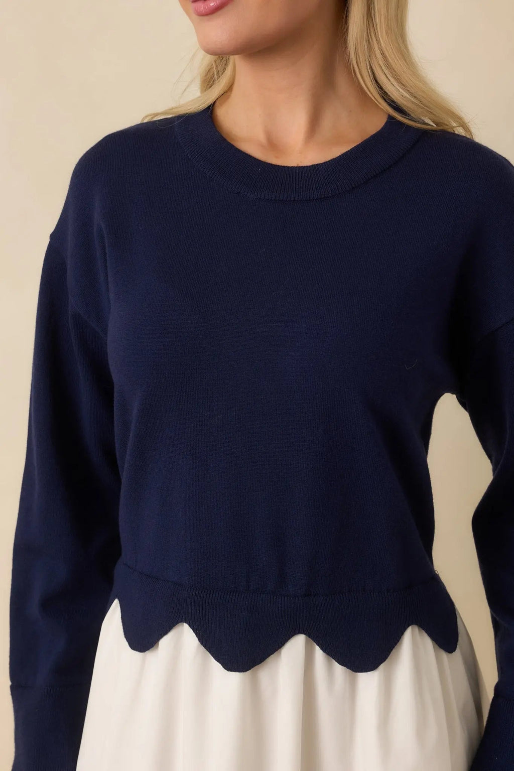 Women's Made to Charm Navy Scalloped Sweater Mini Dress | 50% Viscose 2