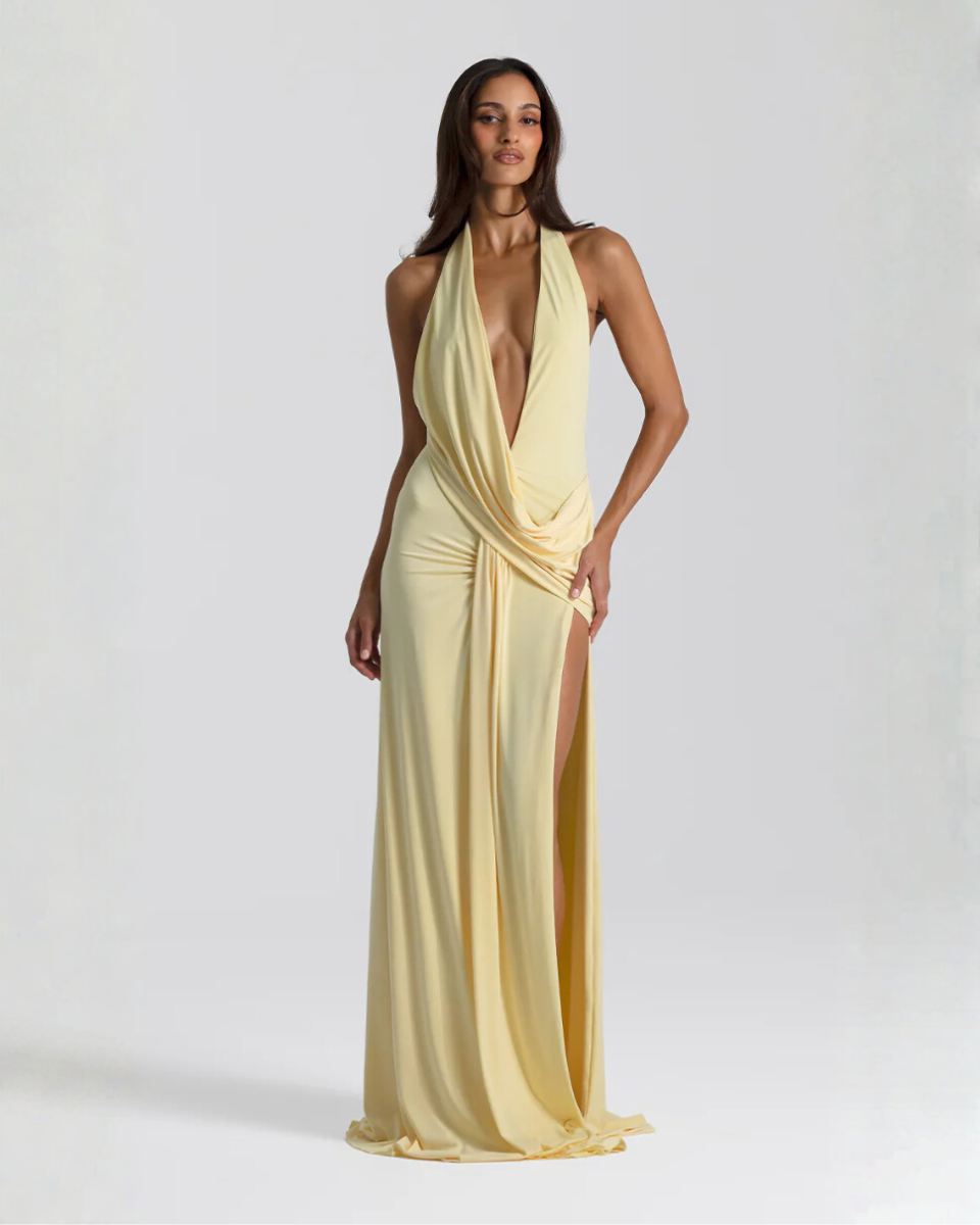 Black maxi dress with high side slit and open back, full front view