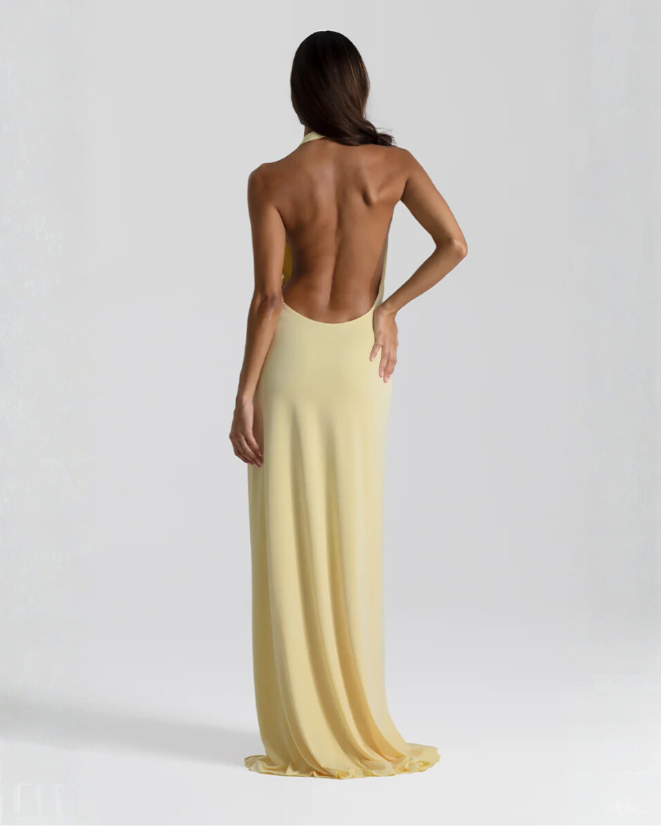 Black halter-neck maxi dress with deep V neckline, front detail
