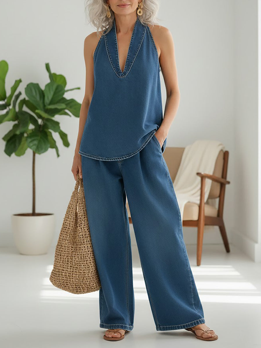 Minimalist Denim Set | Women's Outfit with Flattering V-Neck Top | Effortless Style for All-Day Comfort
