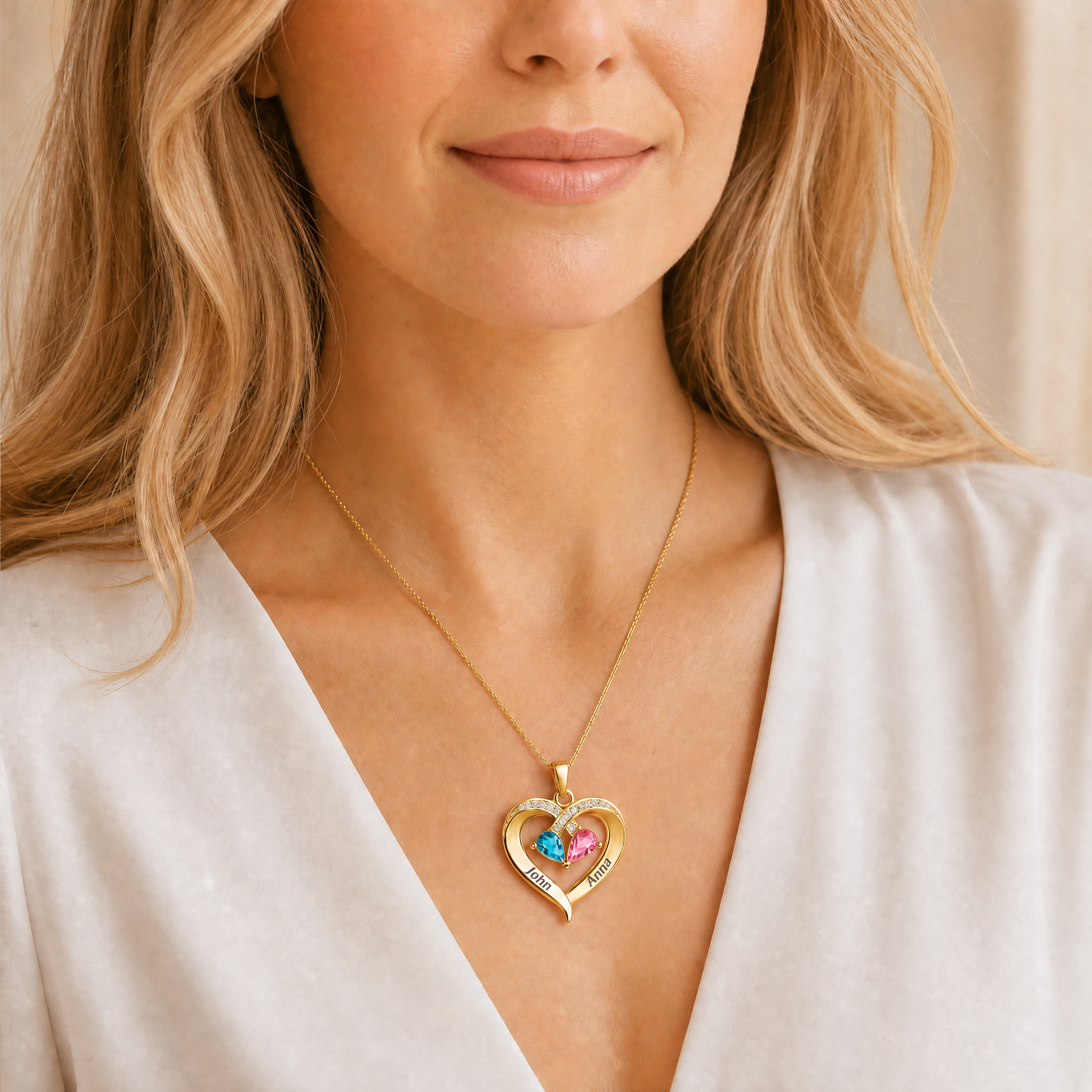 Model wearing personalized heart necklace