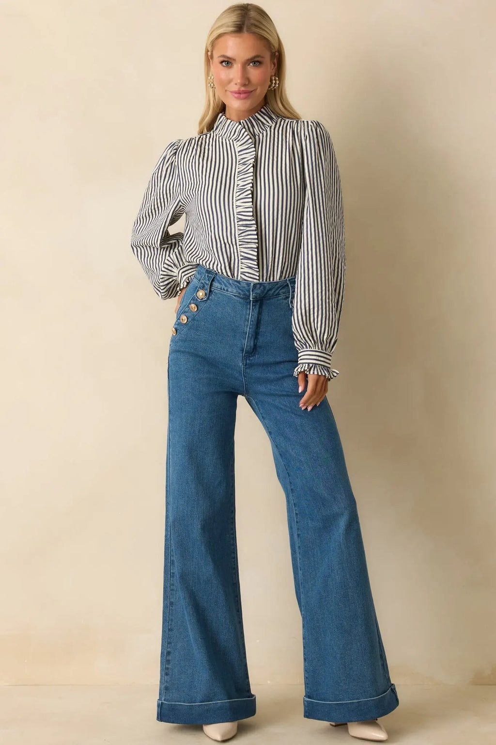Indigo high-waisted stretch wide-leg jeans, detail view