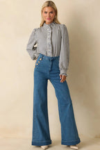 Indigo high-waisted stretch wide-leg jeans, detail view