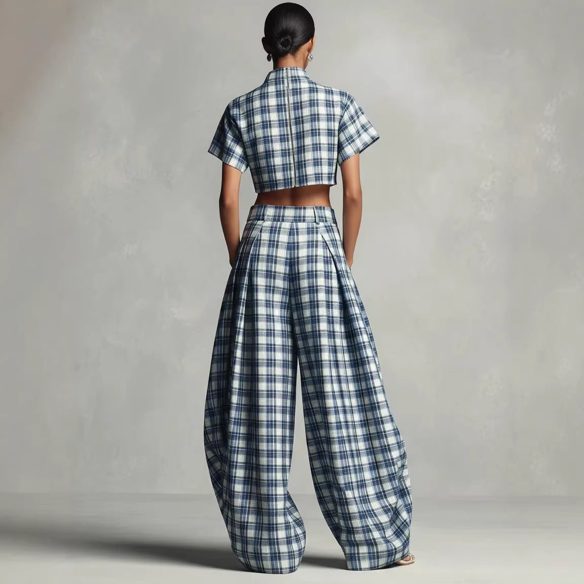 Blue & White Plaid Two-Piece Set — Crop Top & Wide-Leg Pants