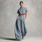 Blue & White Plaid Two-Piece Set — Crop Top & Wide-Leg Pants