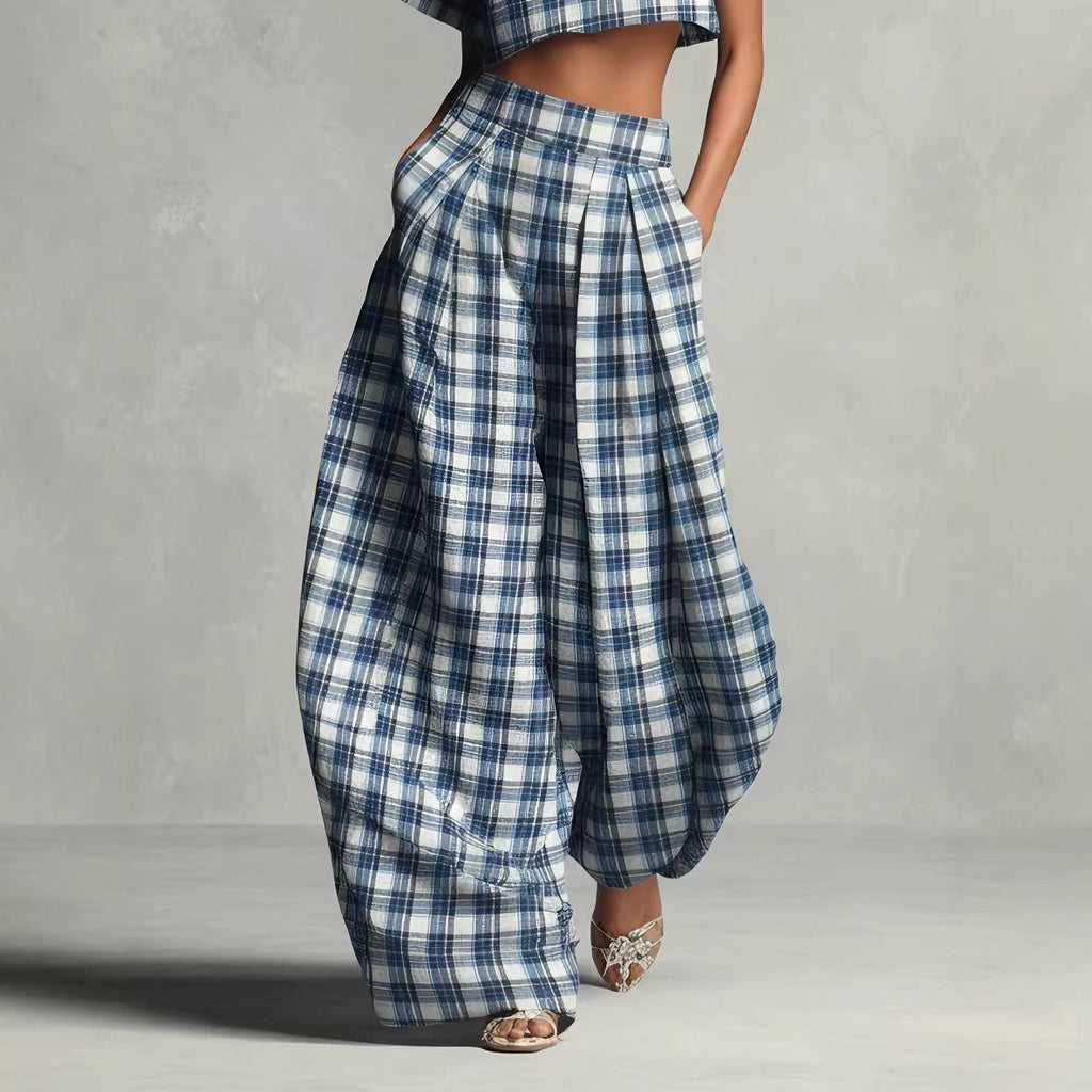 Blue & White Plaid Two-Piece Set — Crop Top & Wide-Leg Pants