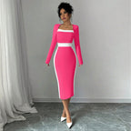 Women’s Contrast Stitch Long-Sleeve Midi Dress