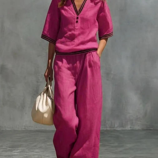 Women's linen two-piece set, color and fit detail