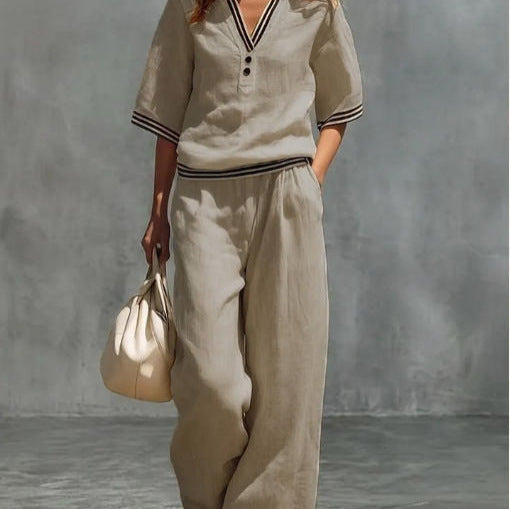 Women's linen V-neck top and wide-leg pants set