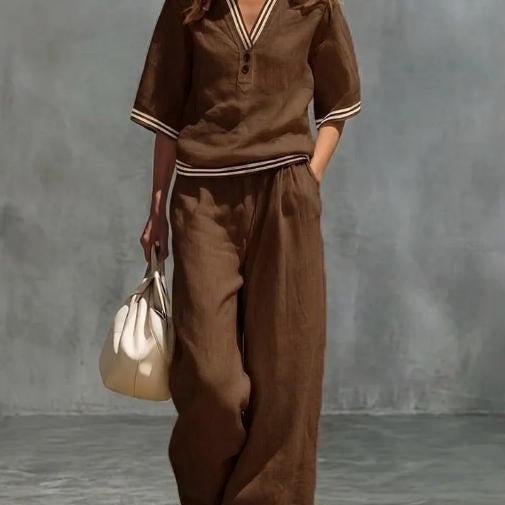 Women's linen two-piece set, color and fit detail
