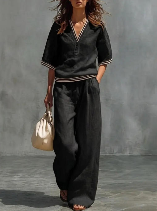 Women's linen two-piece set, color and fit detail