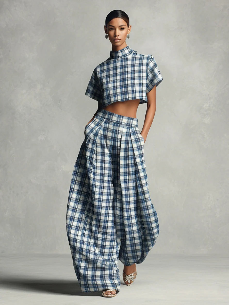 Blue & White Plaid Two-Piece Set — Crop Top & Wide-Leg Pants