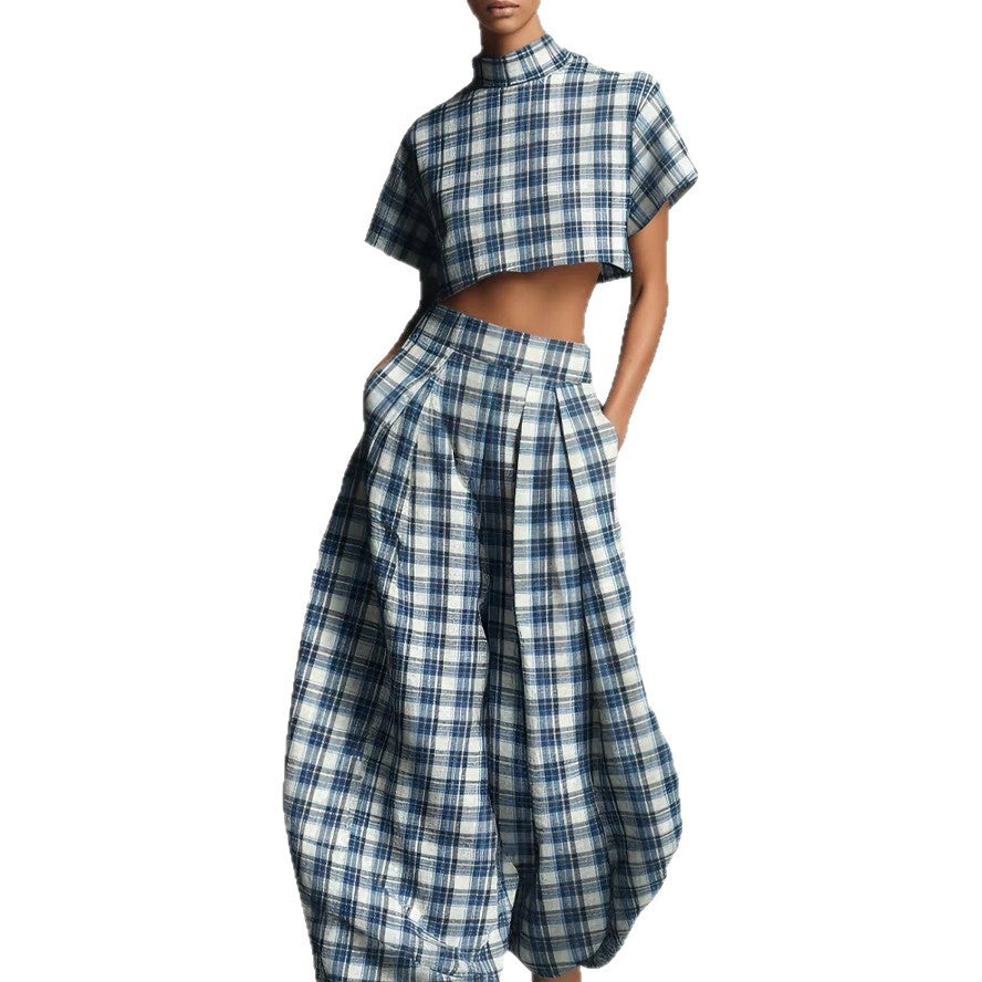 Blue & White Plaid Two-Piece Set — Crop Top & Wide-Leg Pants