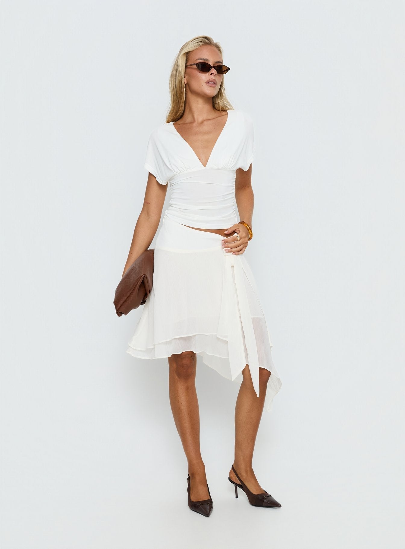 Cream tie-waist chiffon midi skirt - side view