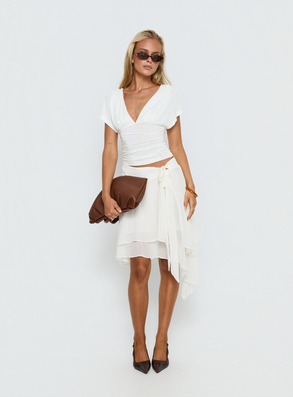 Cream tie-waist chiffon midi skirt - back view