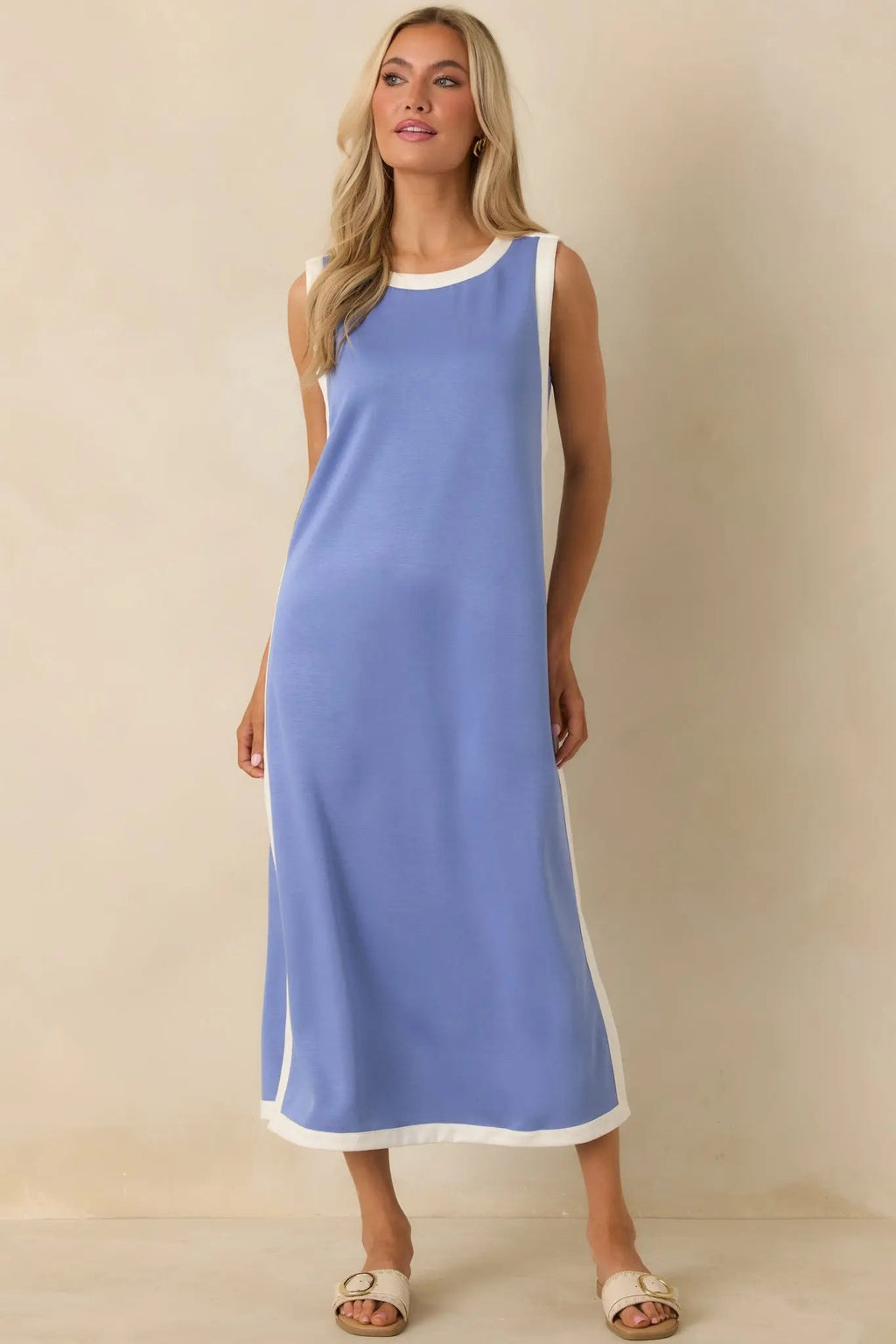 Women's Perfectly Framed Blue Jersey Knit Contrast Trim Sleeveless Maxi Dress | 55% Rayon 2