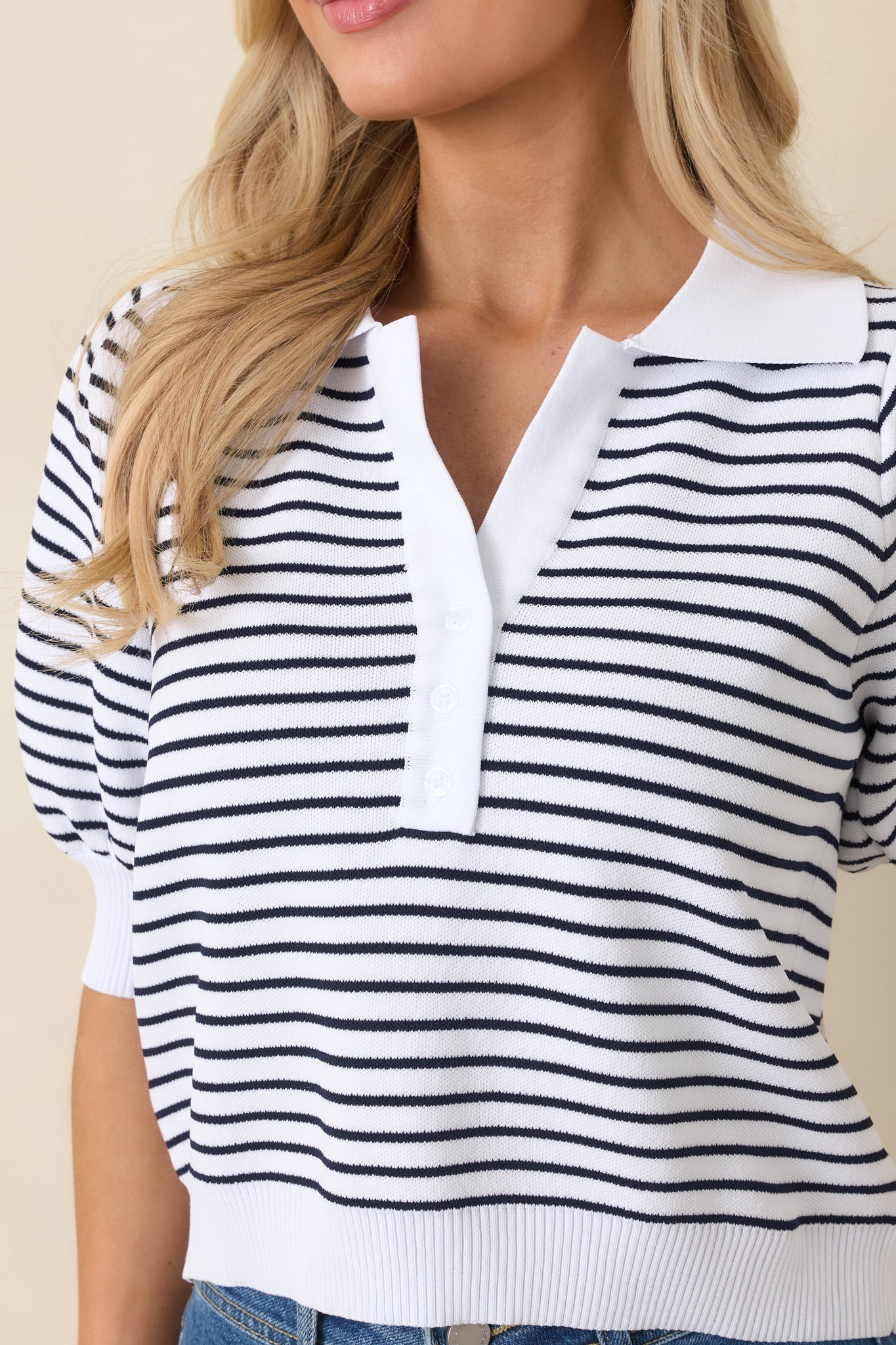 Women's Plans After Work Ivory & Black Stripe Knit Polo Top | 63% Viscose & 37% Nylon 2