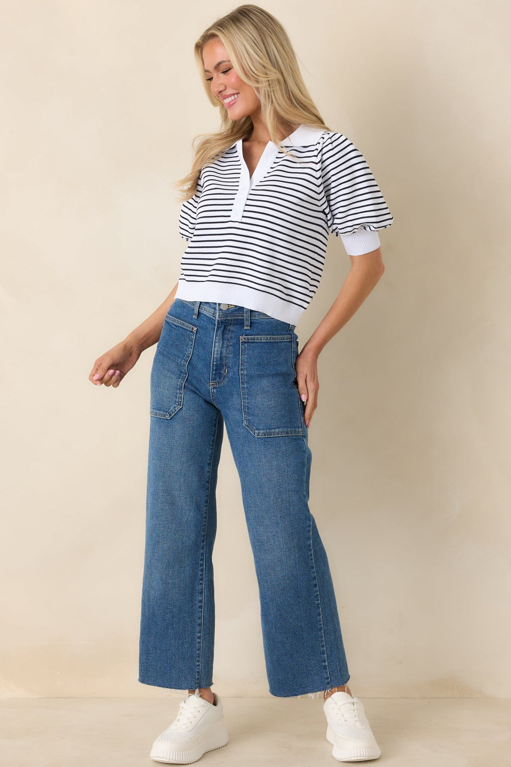 Women's Plans After Work Ivory & Black Stripe Knit Polo Top | 63% Viscose & 37% Nylon 4