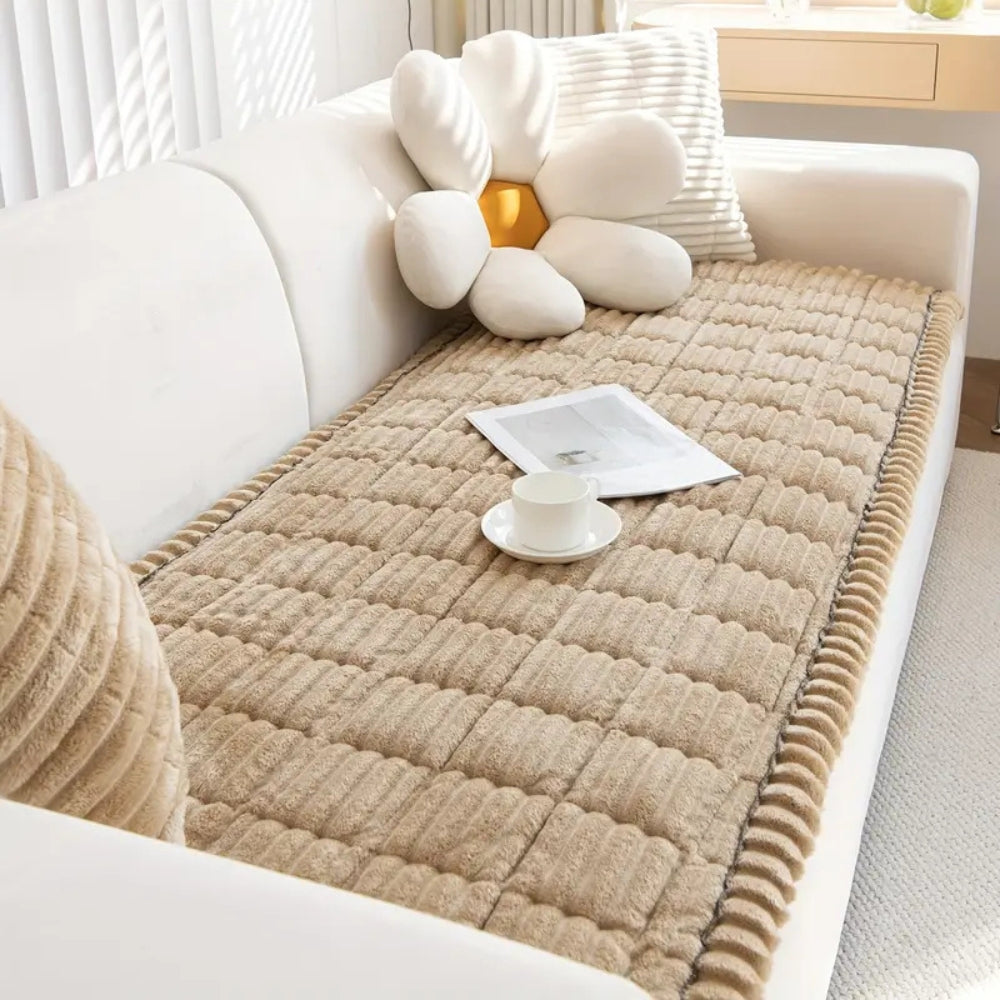 Plush pleated-edge sofa cover in Sand Haven