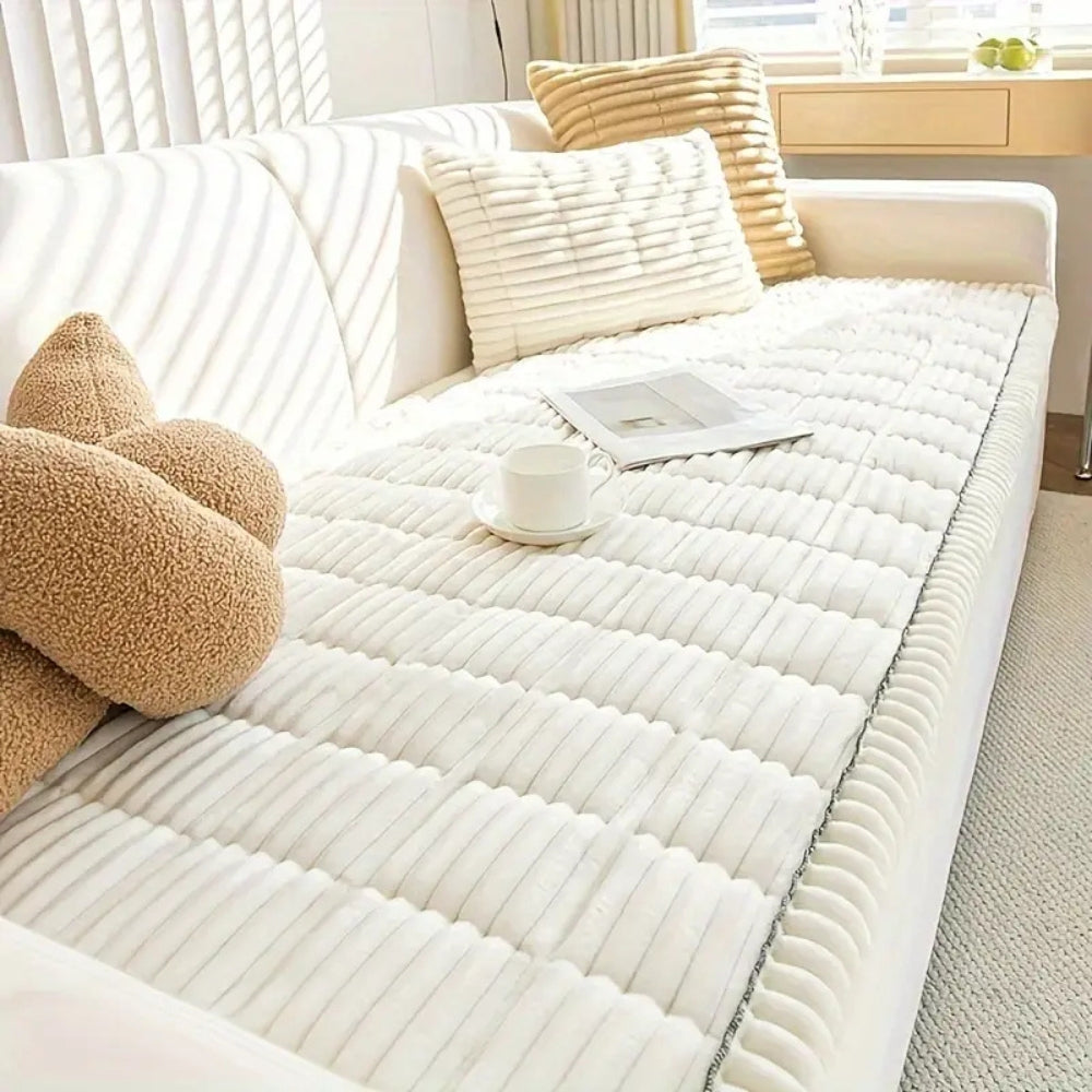Plush pleated-edge sofa cover in Snow Drift