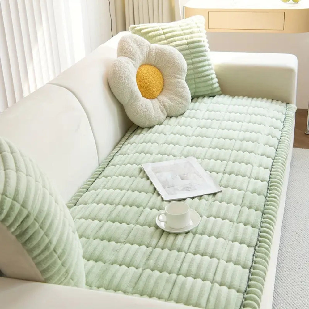 Plush pleated-edge sofa cover in Fresh Meadow
