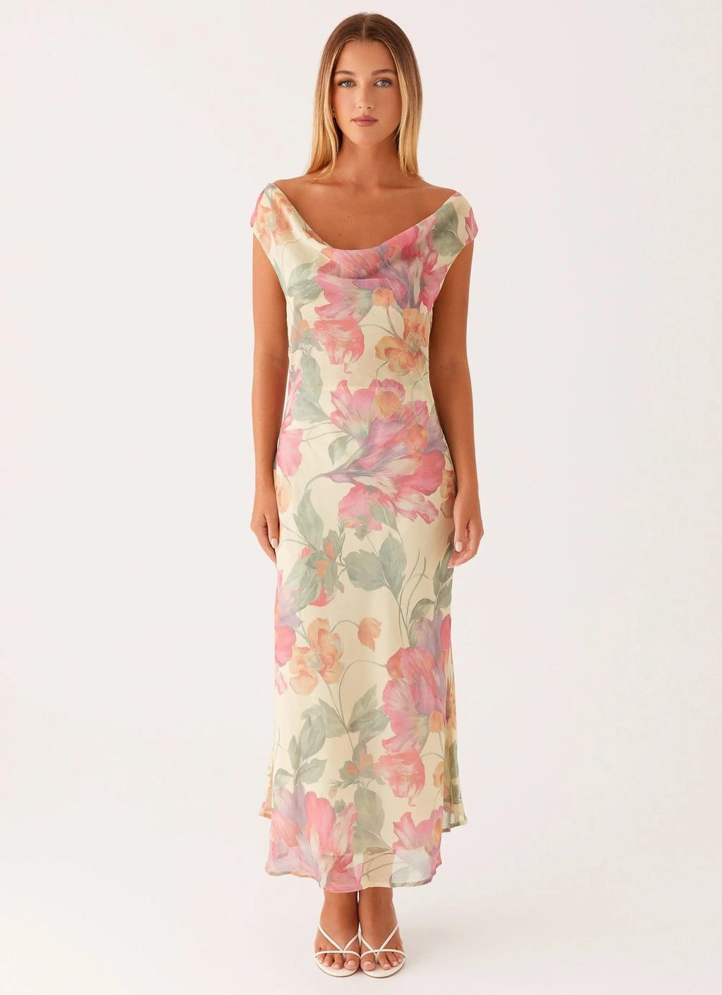 Yellow and pink floral maxi dress, side view