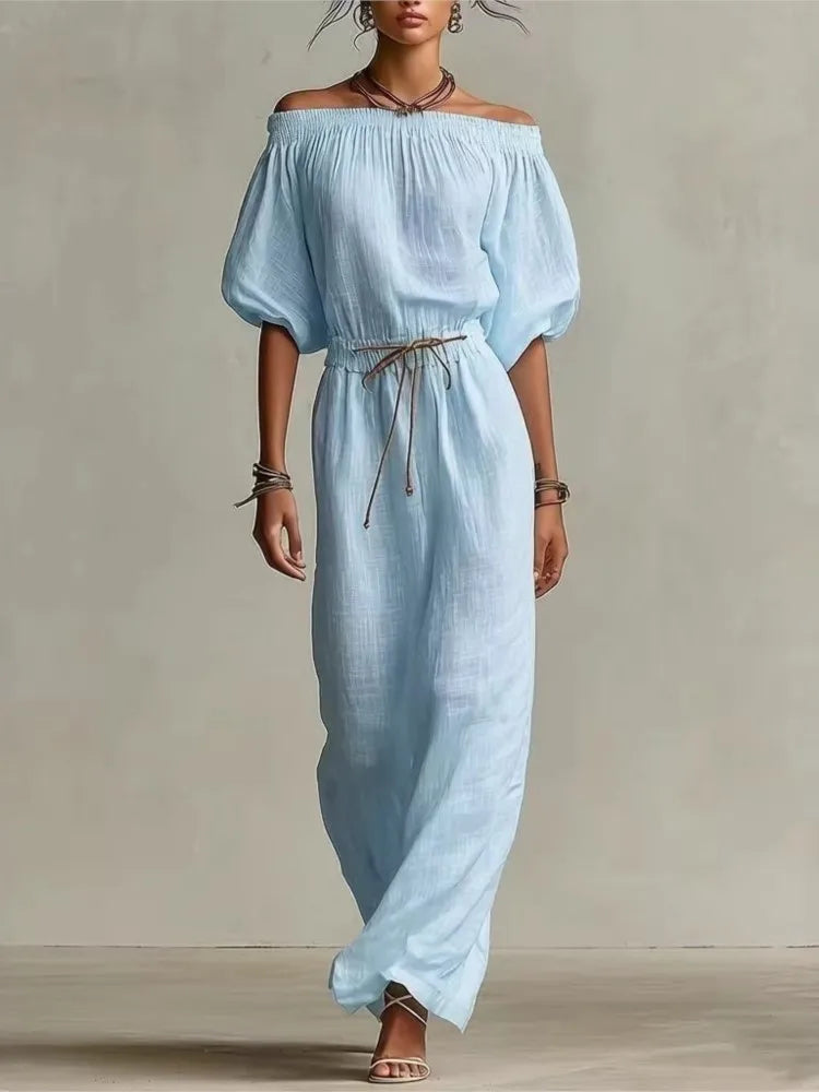 Off-shoulder half-sleeve slim maxi dress in Sky Blue