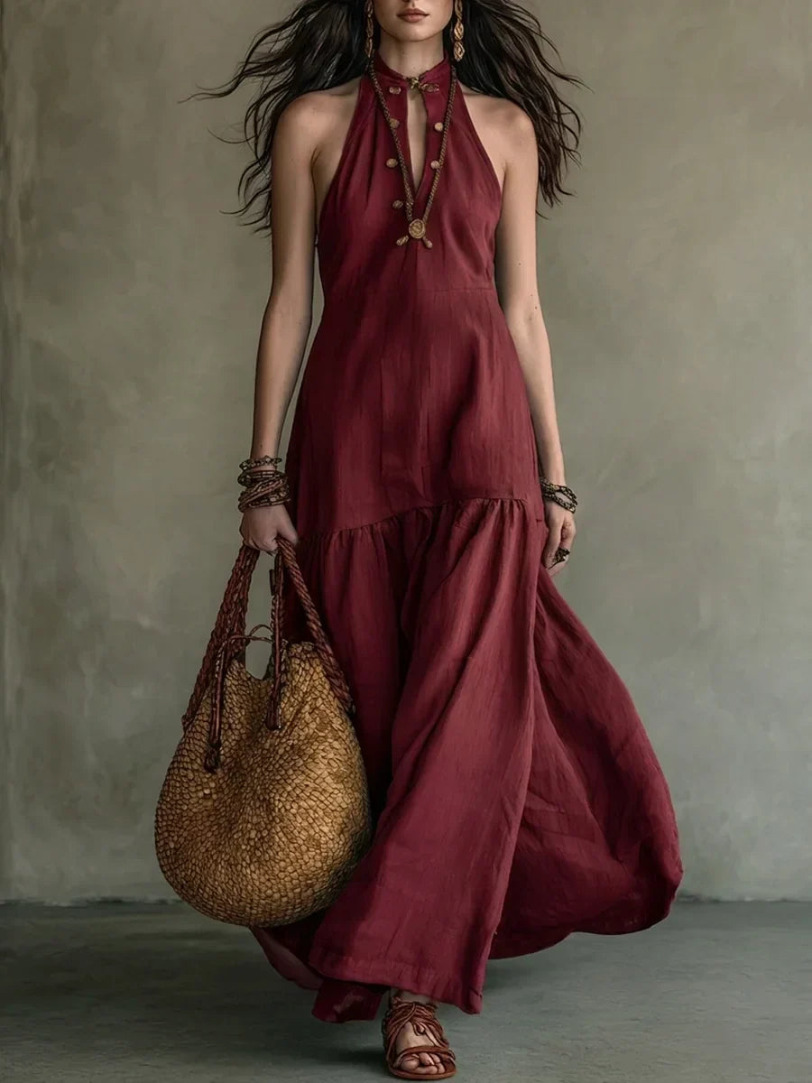 Ruffle-hem maxi dress in red