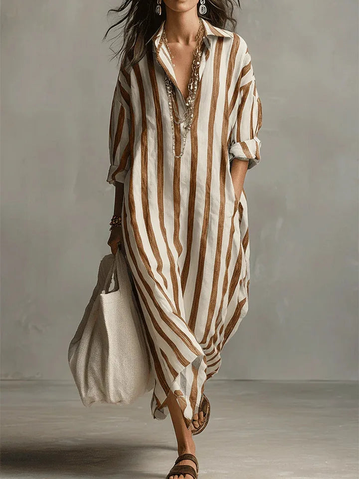 Earthy Yellow linen long-sleeve loose shirt dress with pockets
