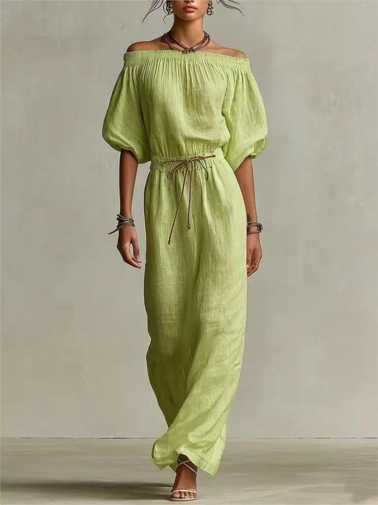 Off-shoulder half-sleeve slim maxi dress in Green