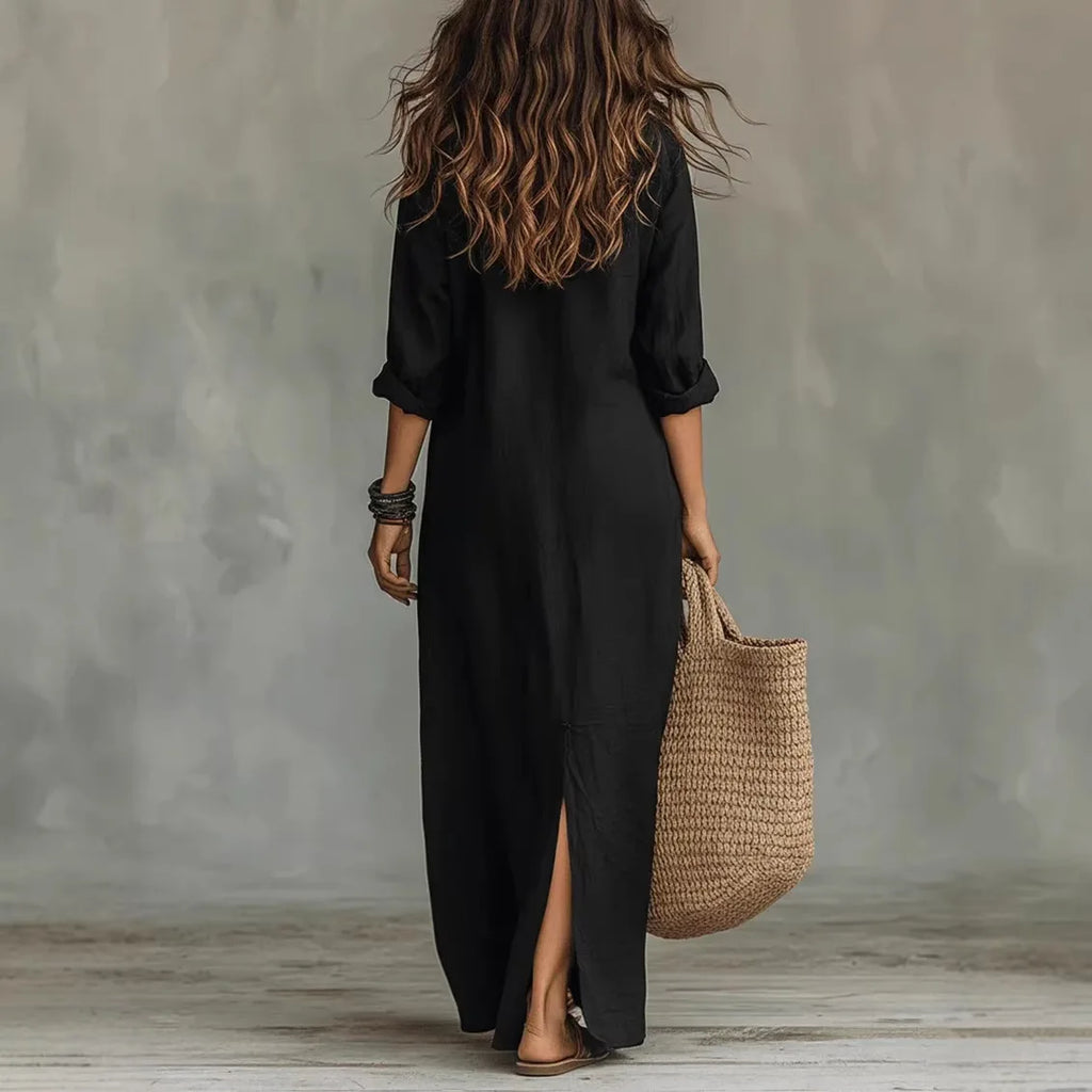 Long-sleeve cotton loose maxi dress detail view