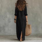 Long-sleeve cotton loose maxi dress detail view