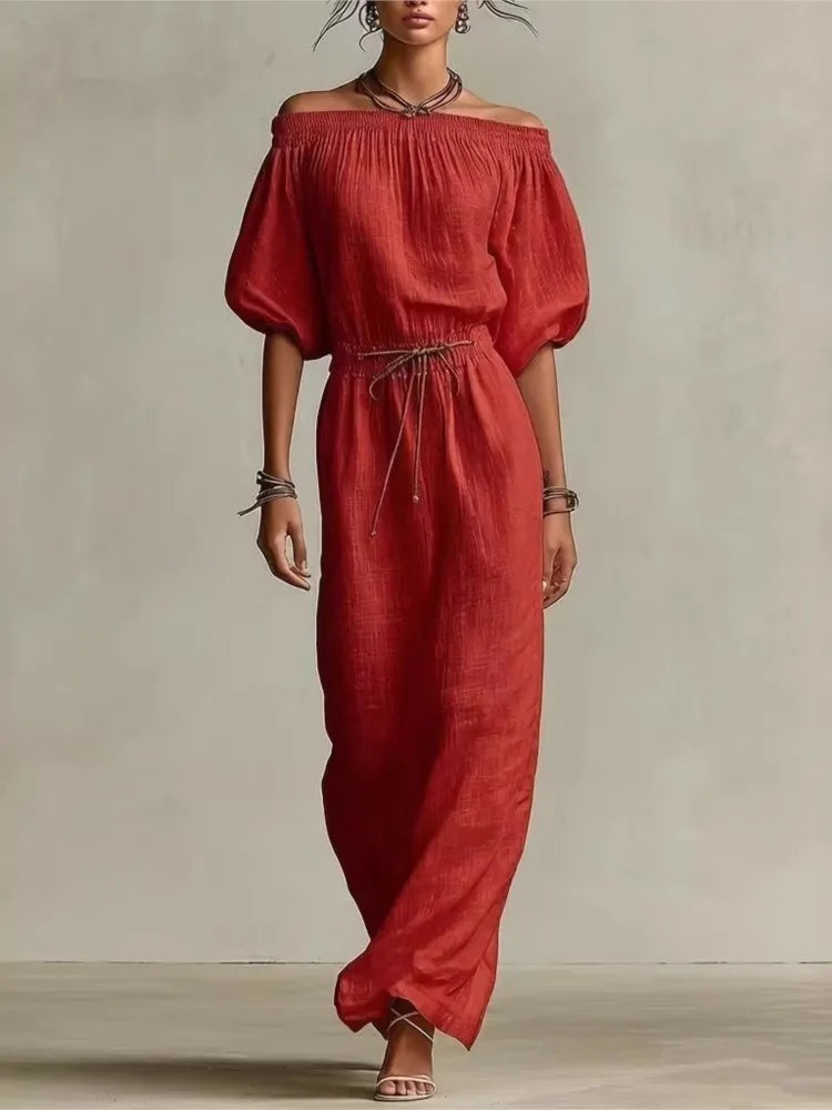 Off-shoulder half-sleeve slim maxi dress in Brick Red