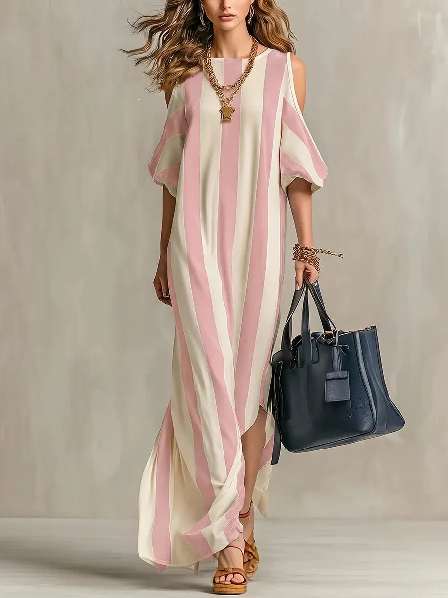 Pink off-shoulder striped split maxi dress