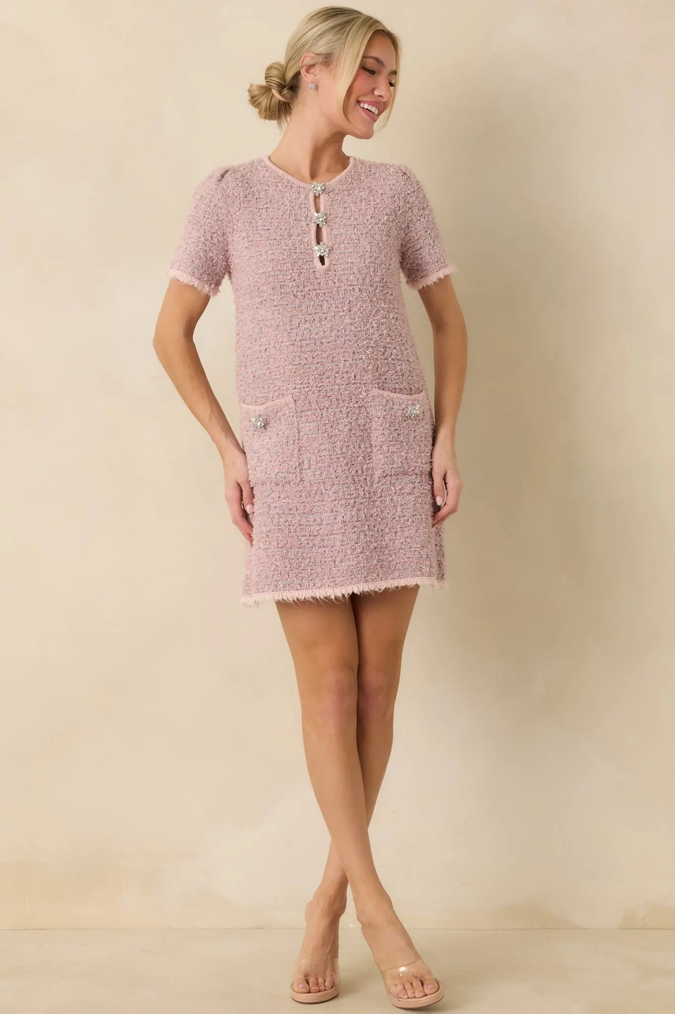 Women's Soft Kisses Dusty Pink Short Sleeve Tweed Mini Dress | 57% Polyester 0